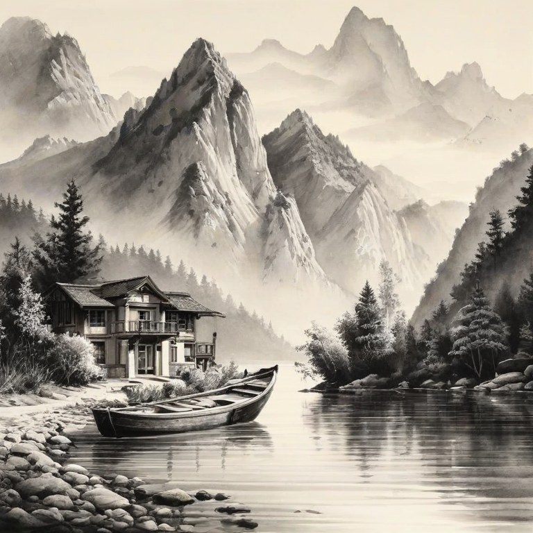 ComfyUI · 孤舟水墨远山 示例图